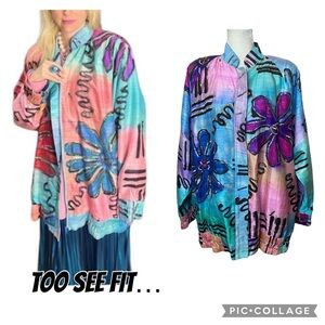 Vintage Judith Ann Creations 80s Watercolor Floral Sequin Draped Silk Jacket XL